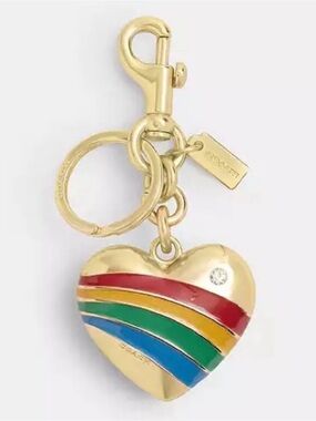 COACH Gold Heart Rainbow Stripe Keychain NEW